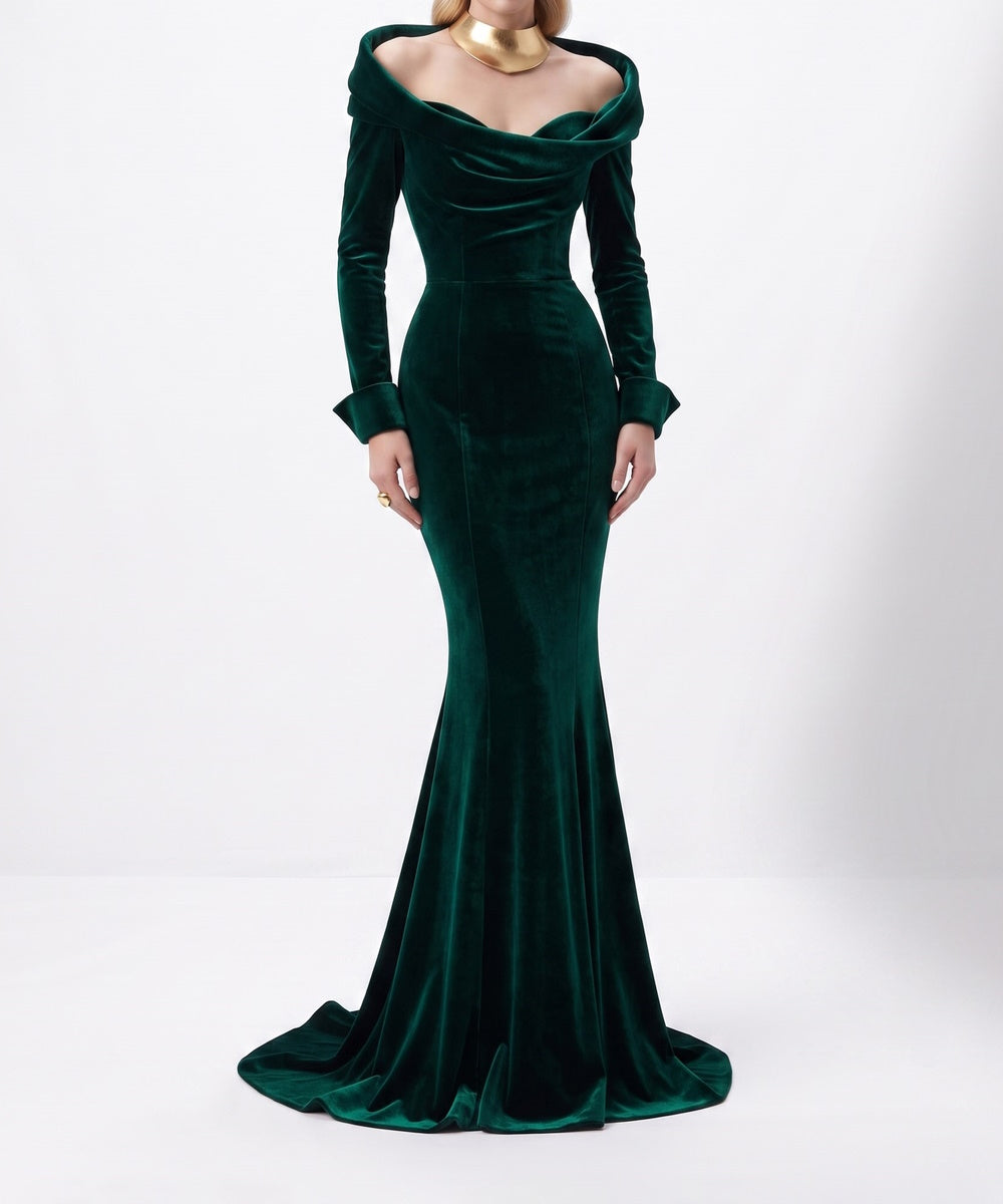Emerald Green Velvet Off‑the‑Shoulder Mermaid Evening Gown With Long Sleeves