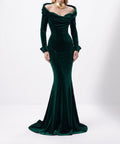Emerald Green Velvet Off‑the‑Shoulder Mermaid Evening Gown With Long Sleeves