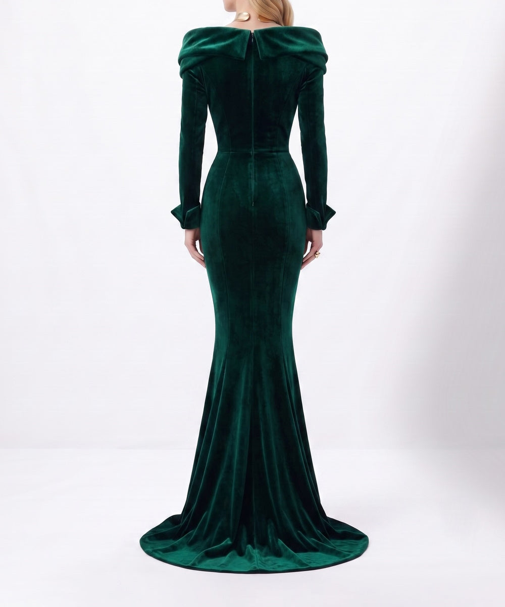Emerald Green Velvet Off‑the‑Shoulder Mermaid Evening Gown With Long Sleeves