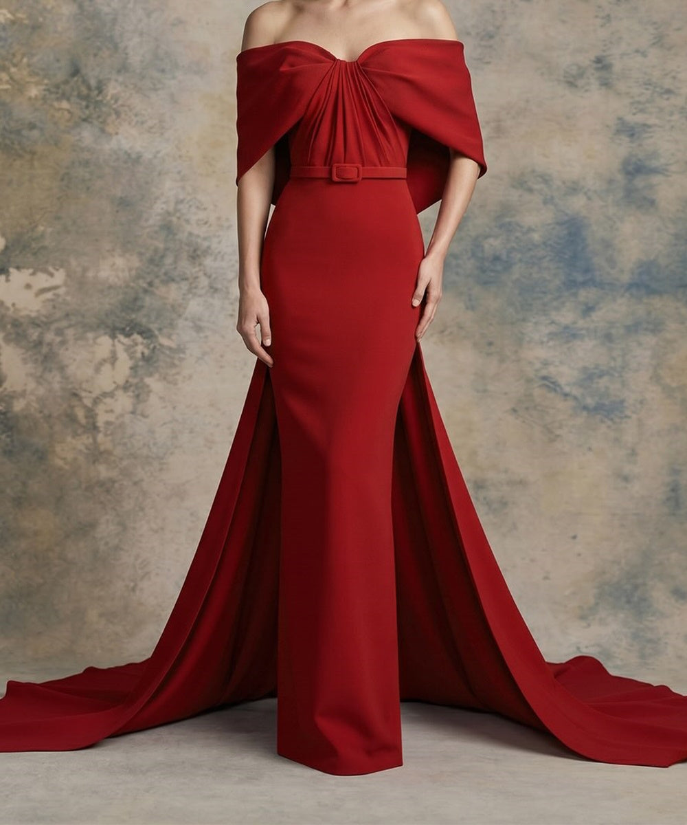 Red Off‑The‑Shoulder Draped Mermaid Evening Gown With Belt & Flowing Train