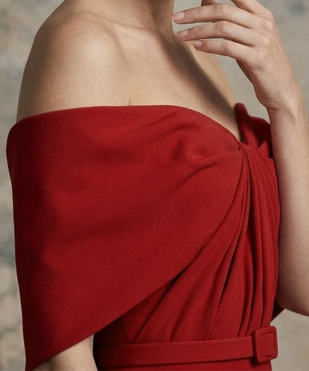 Red Off‑The‑Shoulder Draped Mermaid Evening Gown With Belt & Flowing Train