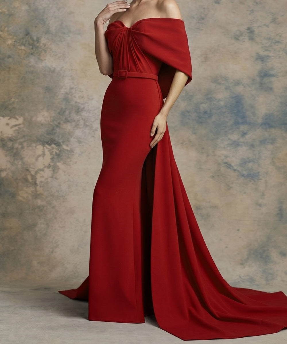 Red Off‑The‑Shoulder Draped Mermaid Evening Gown With Belt & Flowing Train