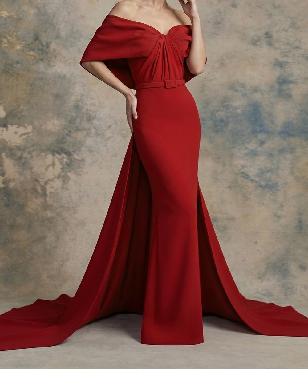 Red Off‑The‑Shoulder Draped Mermaid Evening Gown With Belt & Flowing Train