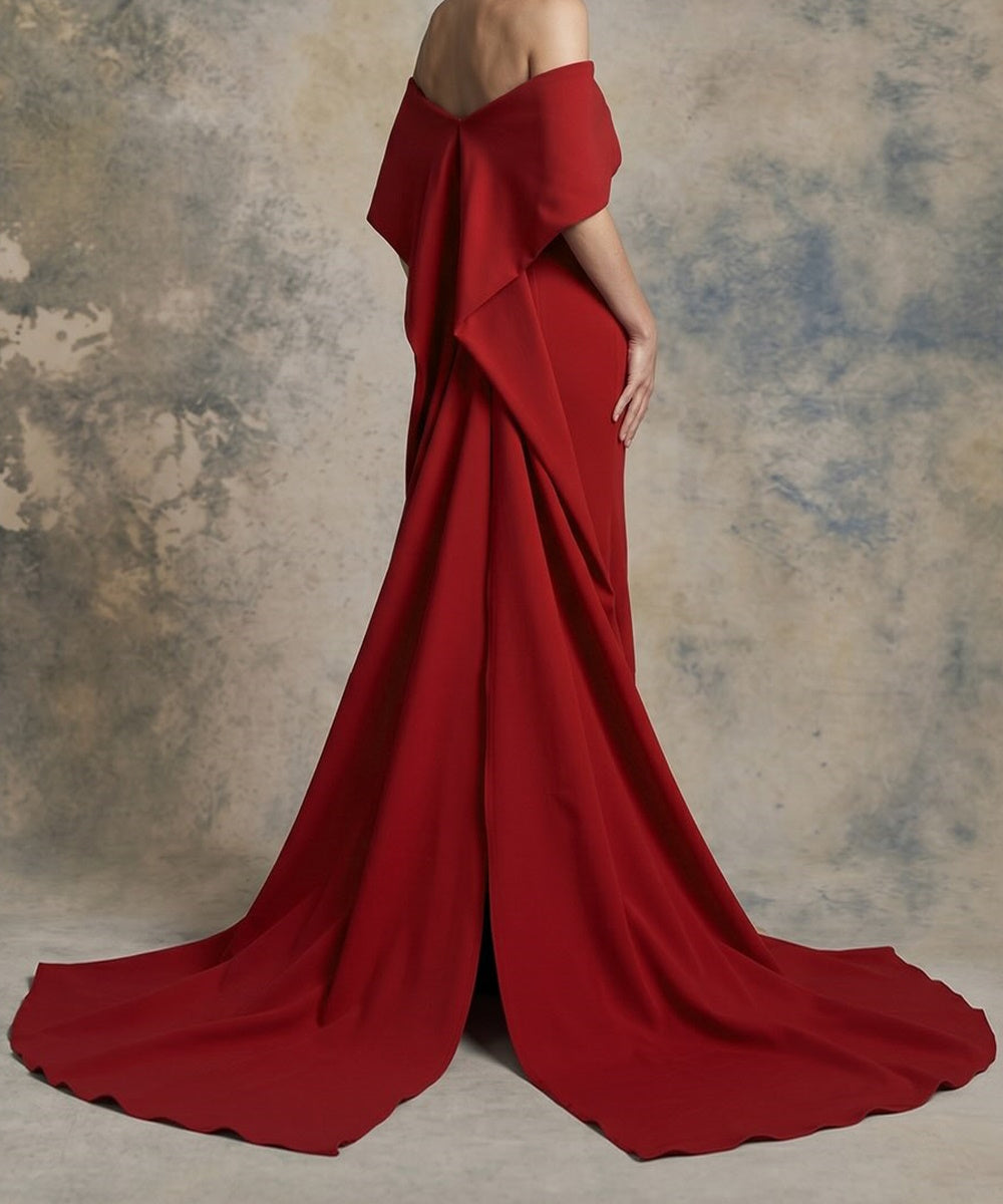 Red Off‑The‑Shoulder Draped Mermaid Evening Gown With Belt & Flowing Train