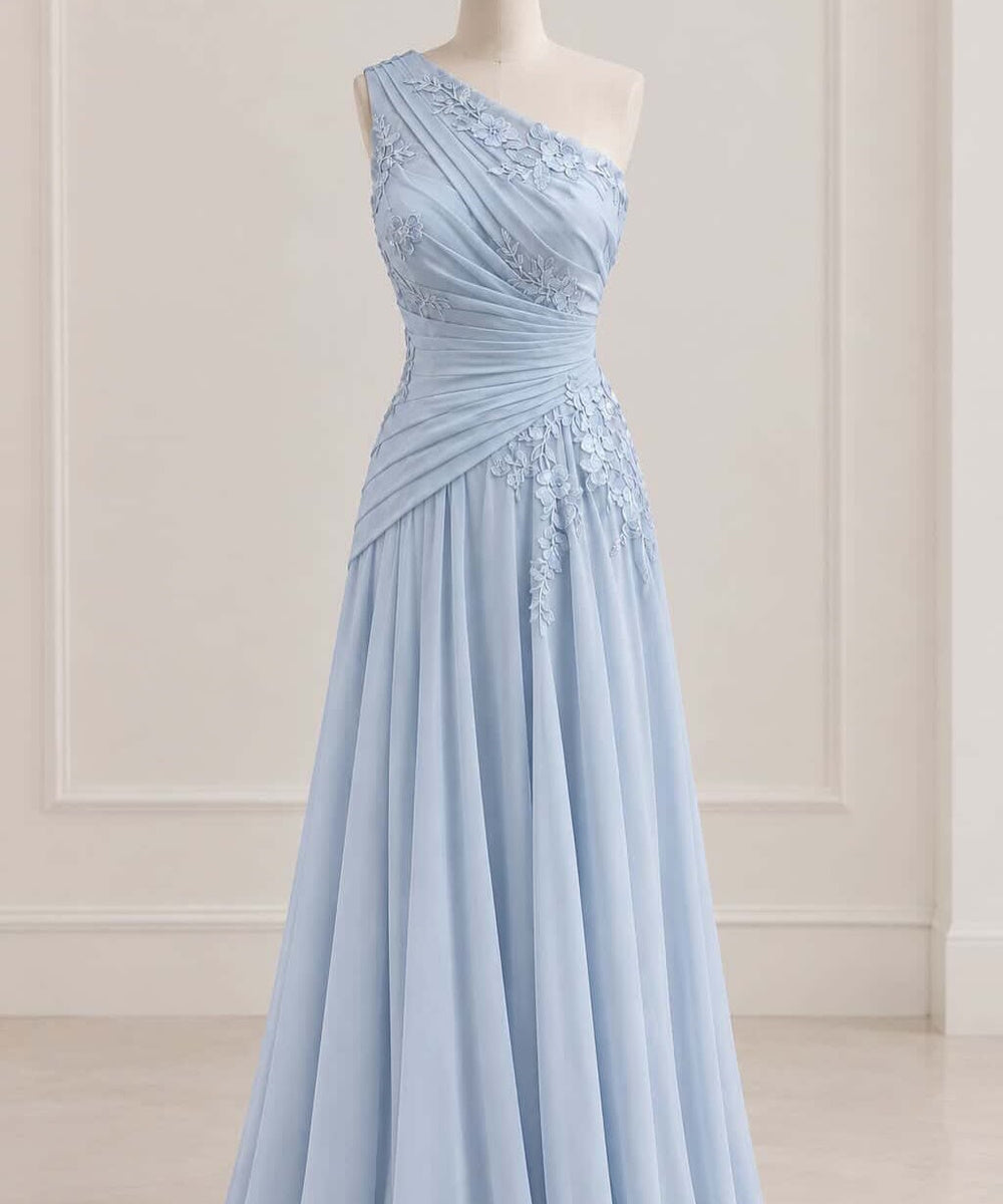Light Blue One Shoulder Chiffon Lace Applique Long Evening Gown
