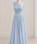 Light Blue One Shoulder Chiffon Lace Applique Long Evening Gown