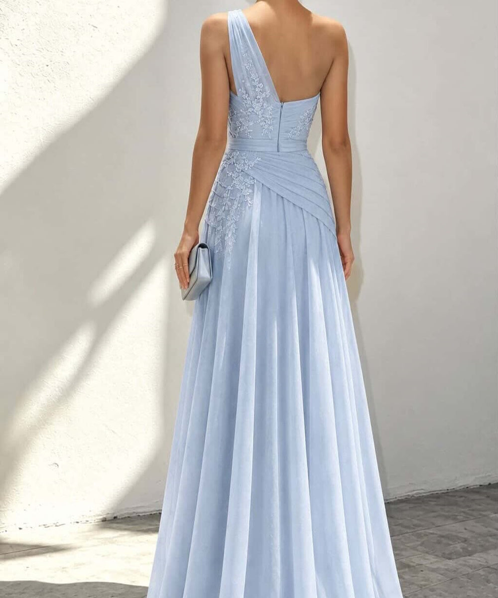 Light Blue One Shoulder Chiffon Lace Applique Long Evening Gown