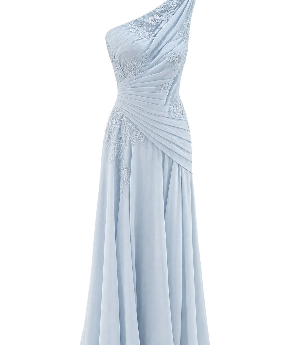 Light Blue One Shoulder Chiffon Lace Applique Long Evening Gown