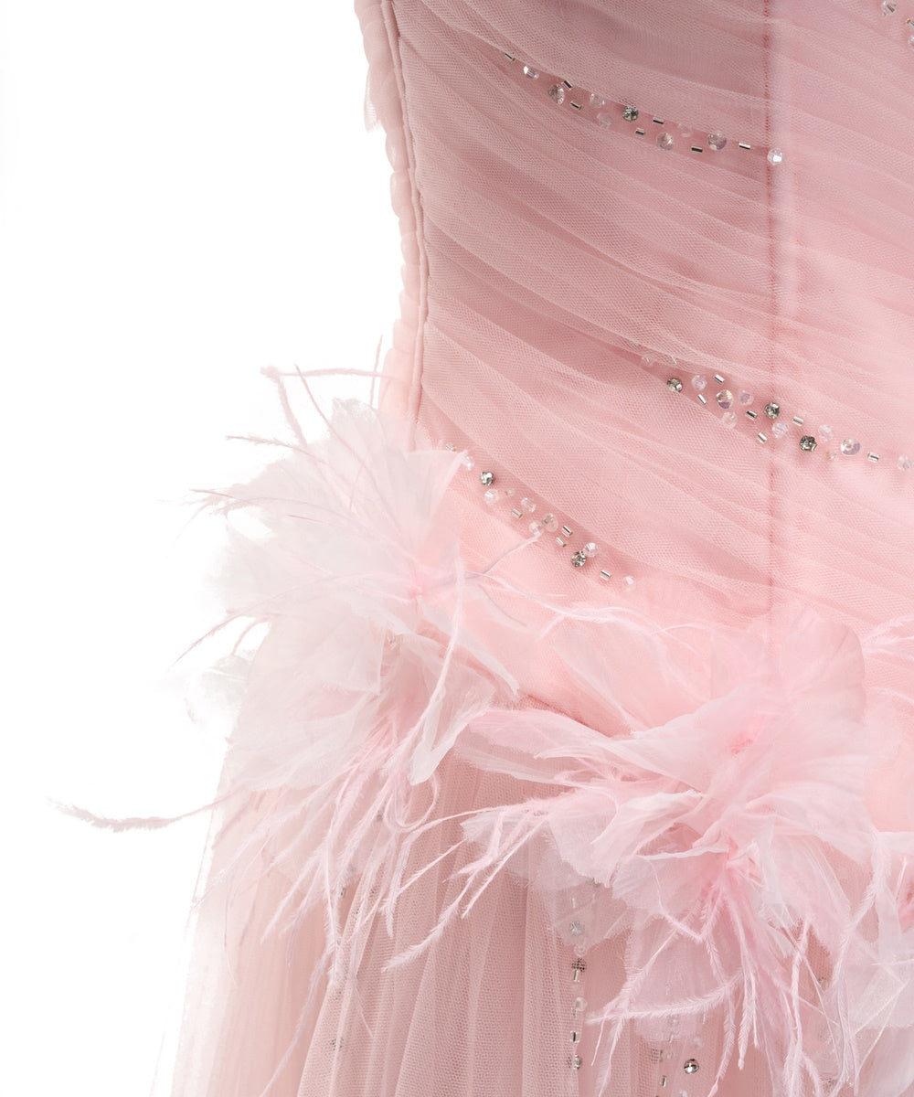 Blush Pink One Shoulder Tulle Evening Gown With Feather Floral & Rhinestone Details