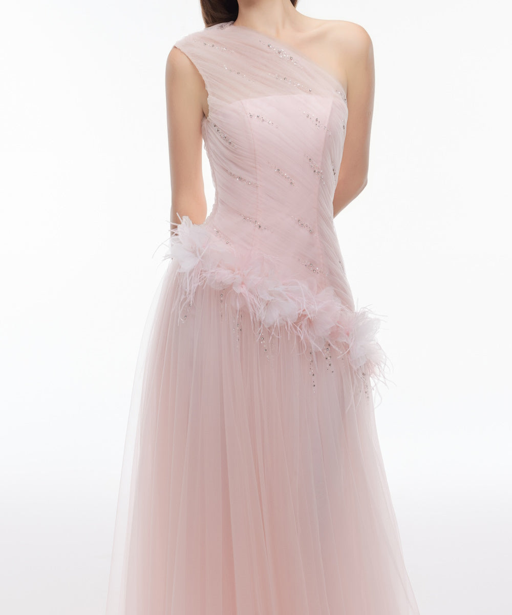 Blush Pink One Shoulder Tulle Evening Gown With Feather Floral & Rhinestone Details