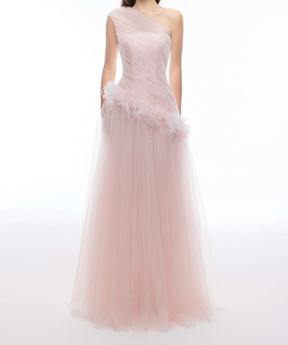 Blush Pink One Shoulder Tulle Evening Gown With Feather Floral & Rhinestone Details