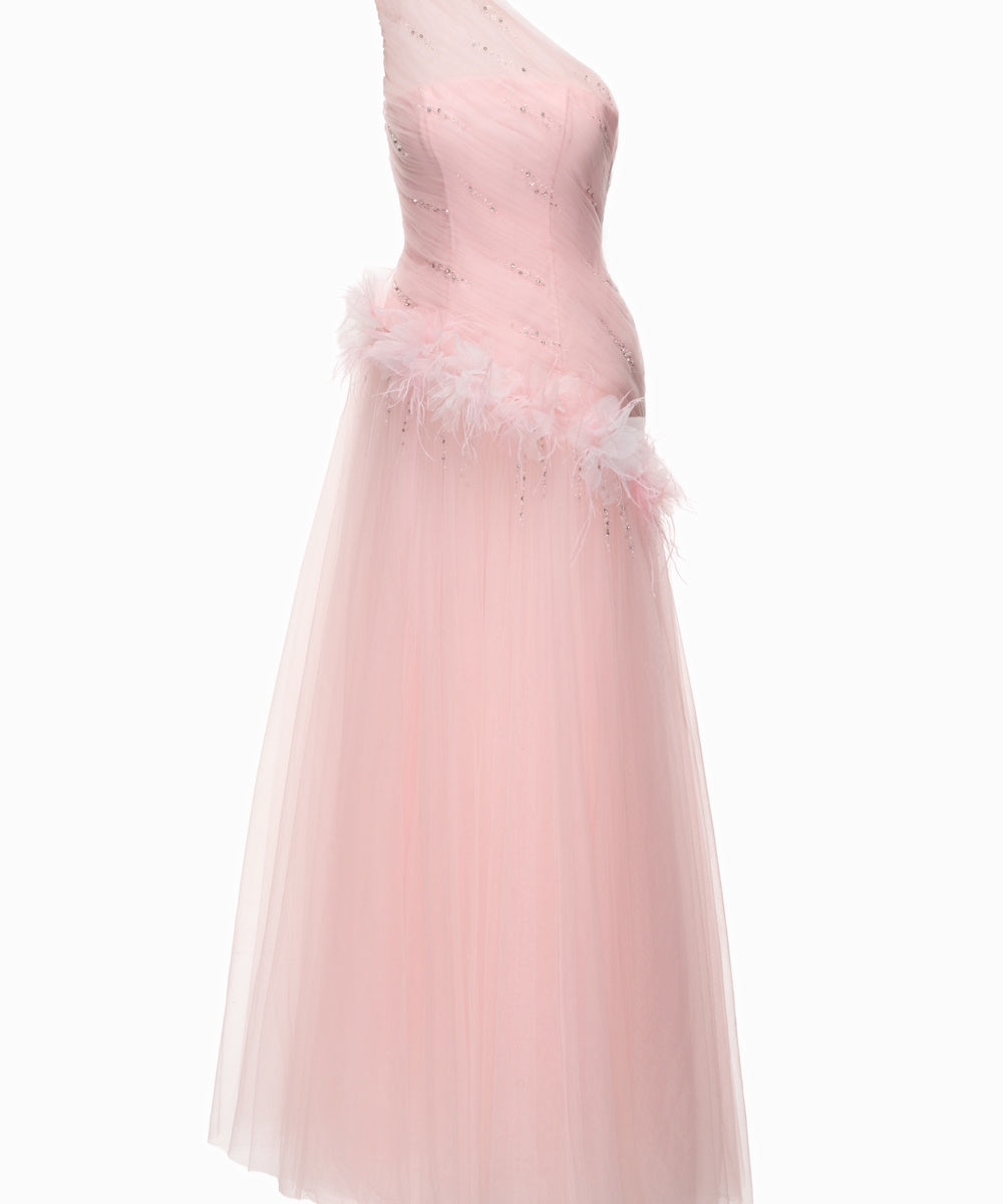 Blush Pink One Shoulder Tulle Evening Gown With Feather Floral & Rhinestone Details