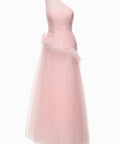 Blush Pink One Shoulder Tulle Evening Gown With Feather Floral & Rhinestone Details
