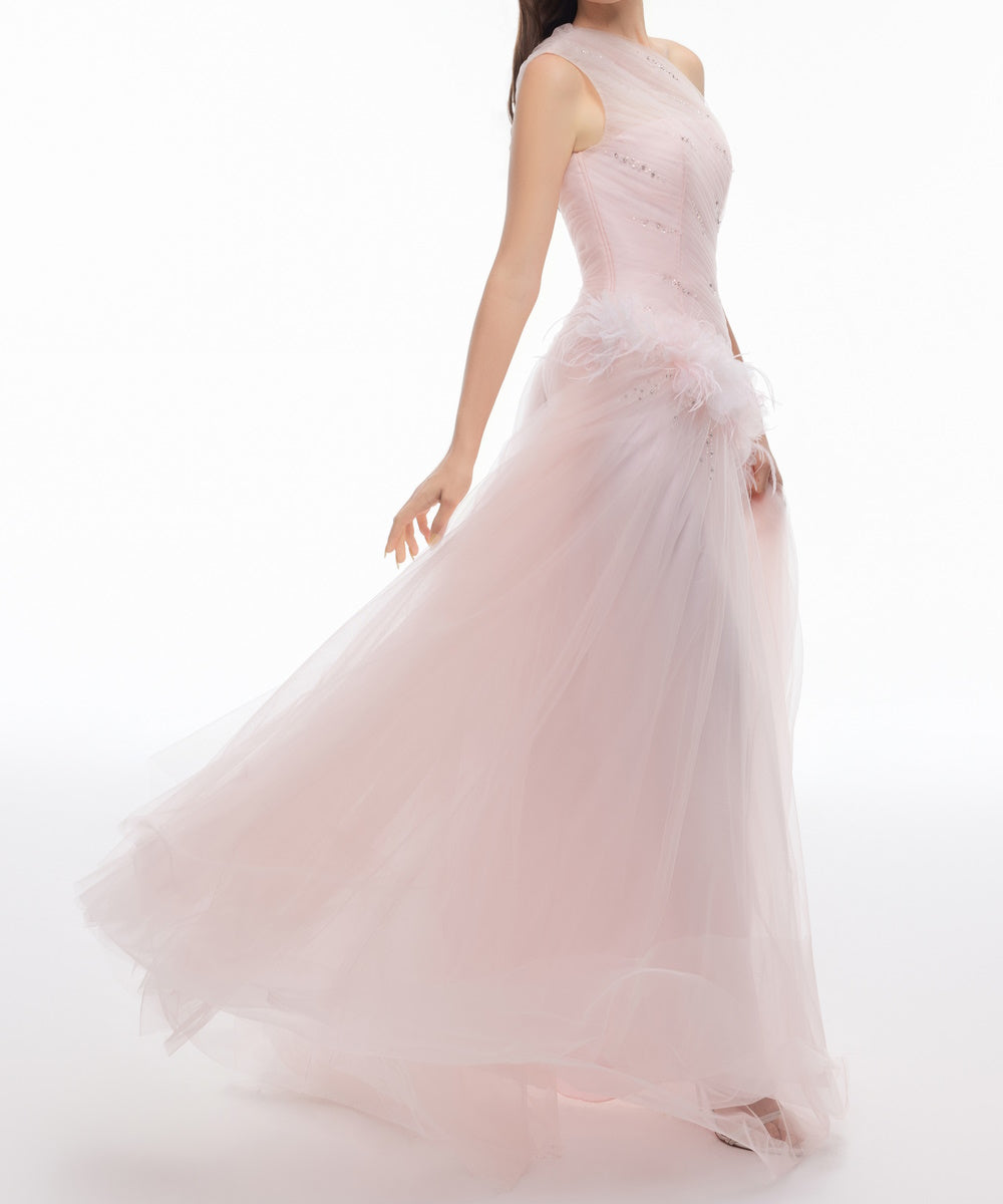 Blush Pink One Shoulder Tulle Evening Gown With Feather Floral & Rhinestone Details