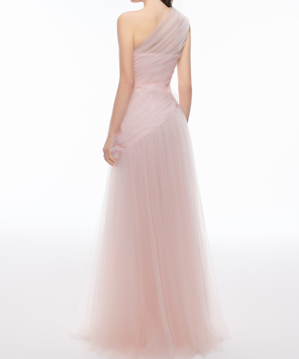 Blush Pink One Shoulder Tulle Evening Gown With Feather Floral & Rhinestone Details