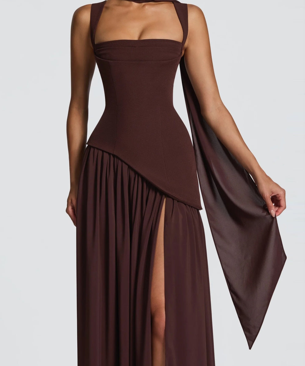 Square Neck Strap Corset High Slit Maxi Evening Gown With Scarf Sash