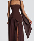 Square Neck Strap Corset High Slit Maxi Evening Gown With Scarf Sash