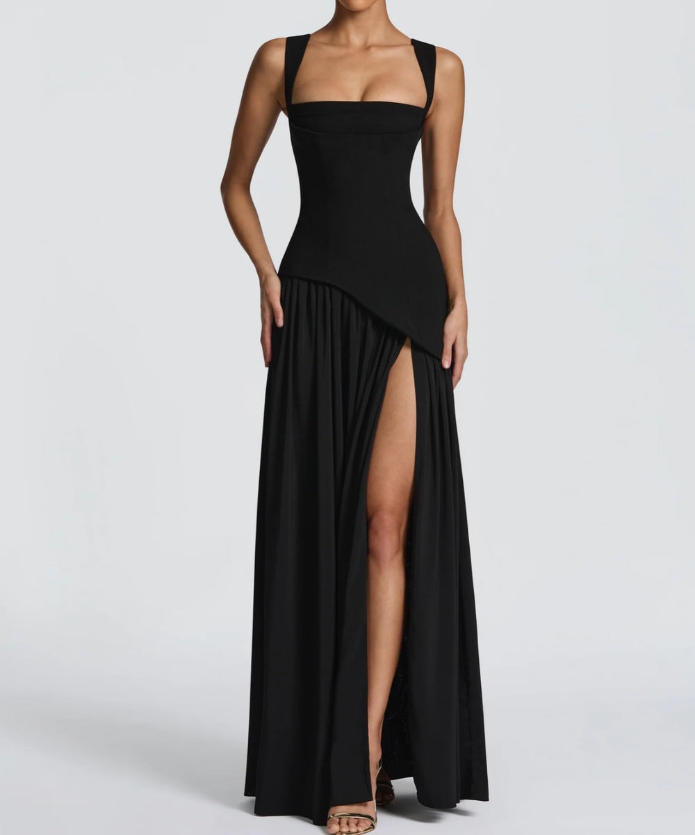 Square Neck Strap Corset High Slit Maxi Evening Gown With Scarf Sash