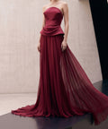 Burgundy Strapless Satin Chiffon Maxi Evening Gown