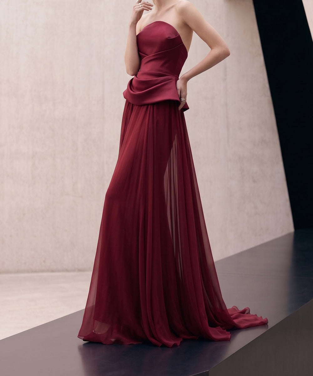 Burgundy Strapless Satin Chiffon Maxi Evening Gown