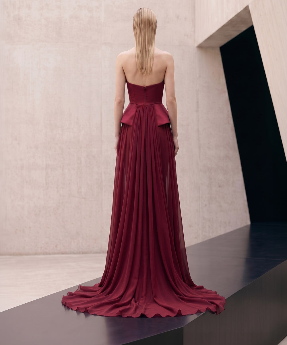 Burgundy Strapless Satin Chiffon Maxi Evening Gown
