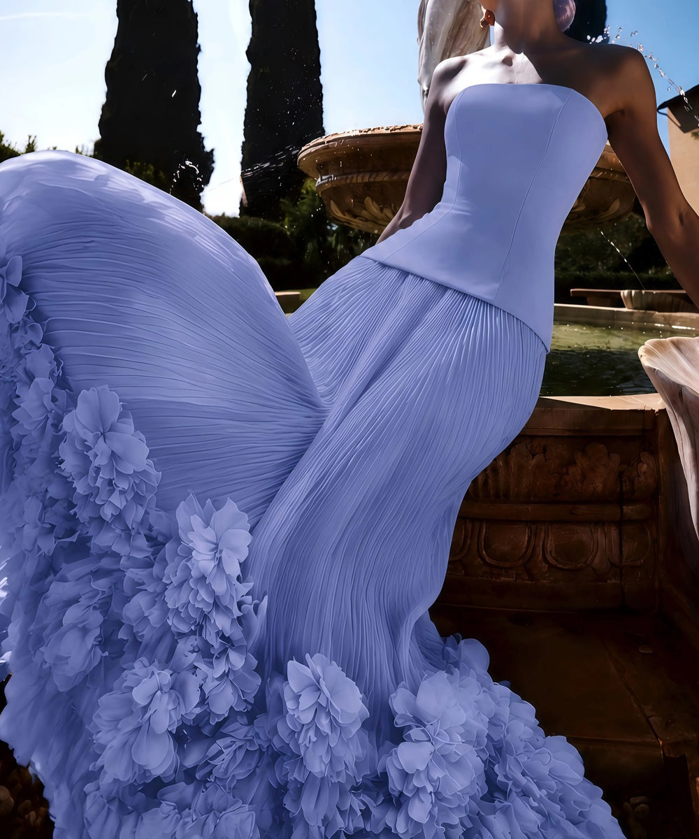 Strapless Asymmetric Peplum Pleated Tulle 3D Floral Hem Maxi Evening Gown