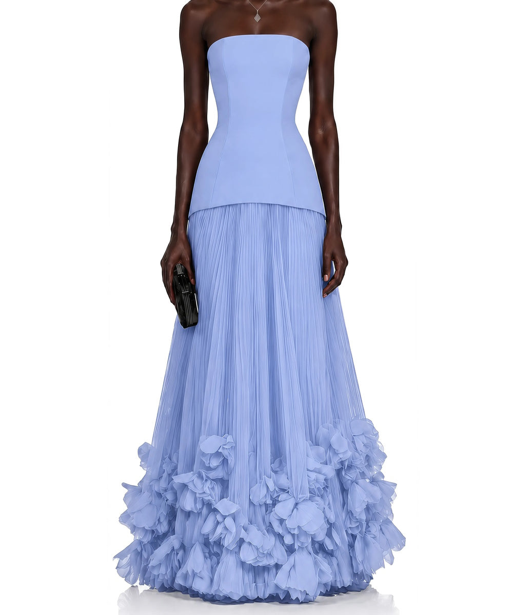 Strapless Asymmetric Peplum Pleated Tulle 3D Floral Hem Maxi Evening Gown