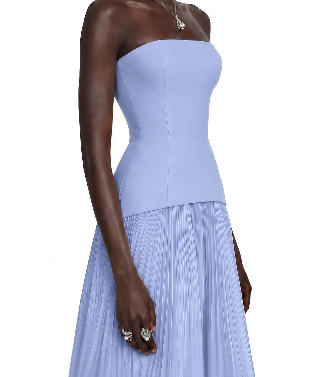Strapless Asymmetric Peplum Pleated Tulle 3D Floral Hem Maxi Evening Gown