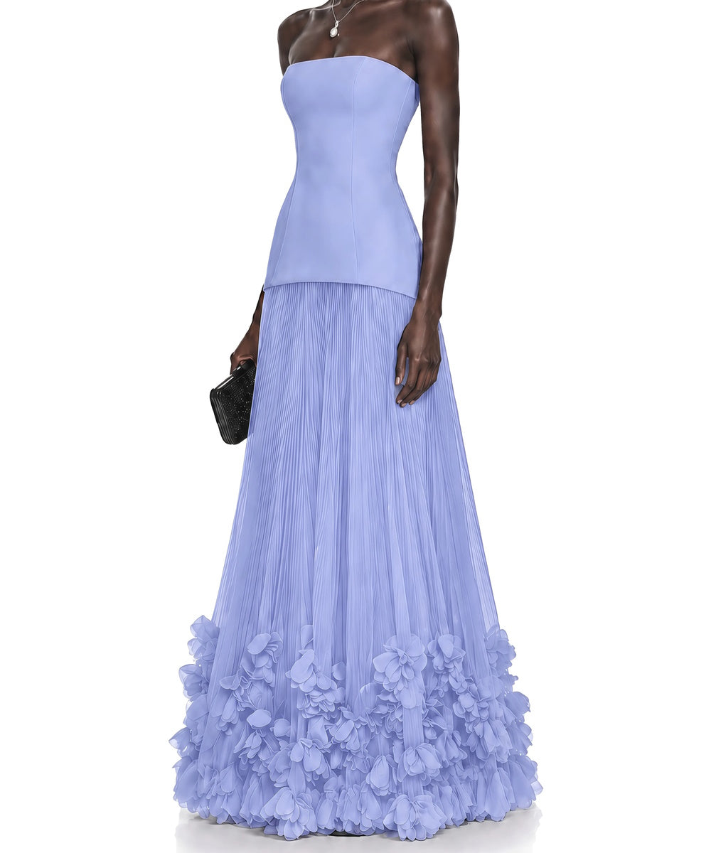 Strapless Asymmetric Peplum Pleated Tulle 3D Floral Hem Maxi Evening Gown