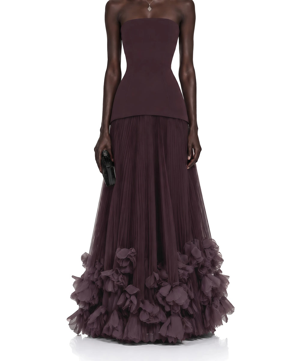 Strapless Asymmetric Peplum Pleated Tulle 3D Floral Hem Maxi Evening Gown