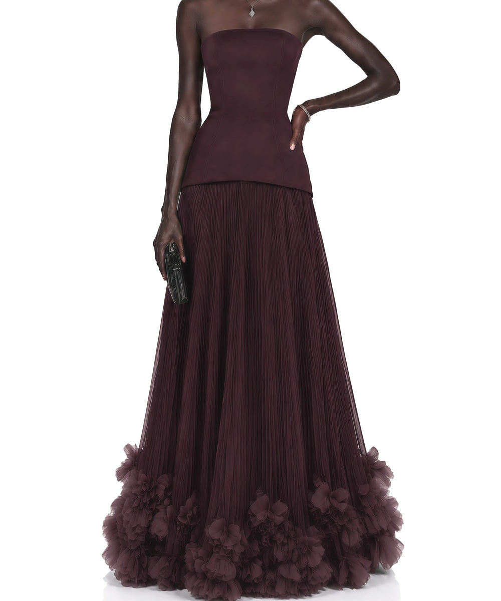 Strapless Asymmetric Peplum Pleated Tulle 3D Floral Hem Maxi Evening Gown
