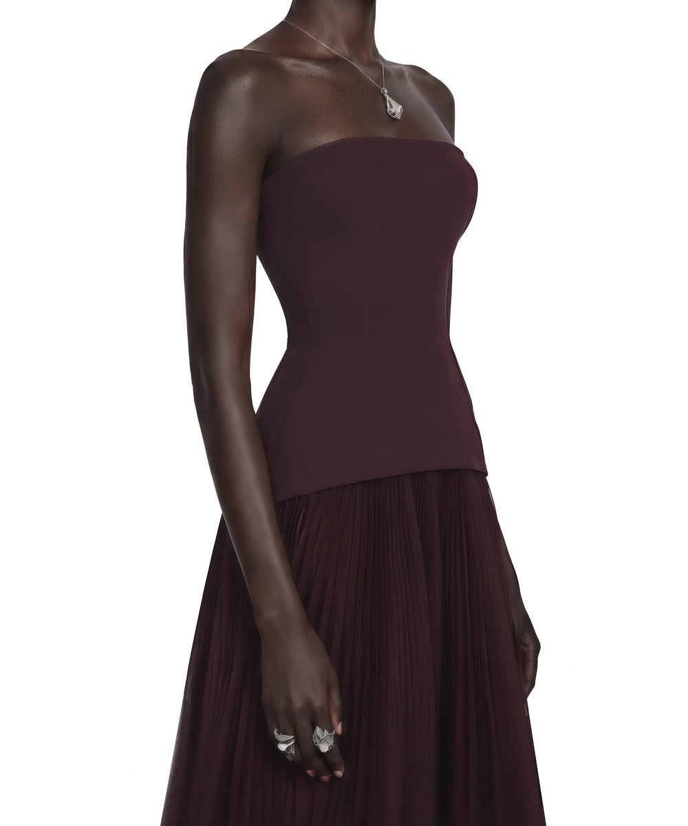 Strapless Asymmetric Peplum Pleated Tulle 3D Floral Hem Maxi Evening Gown
