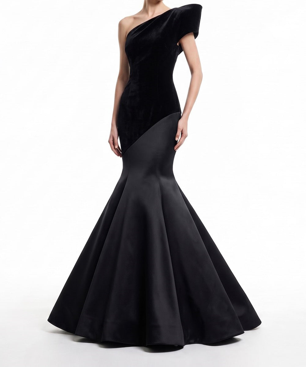 Black One Shoulder Velvet Satin Mermaid Evening Gown