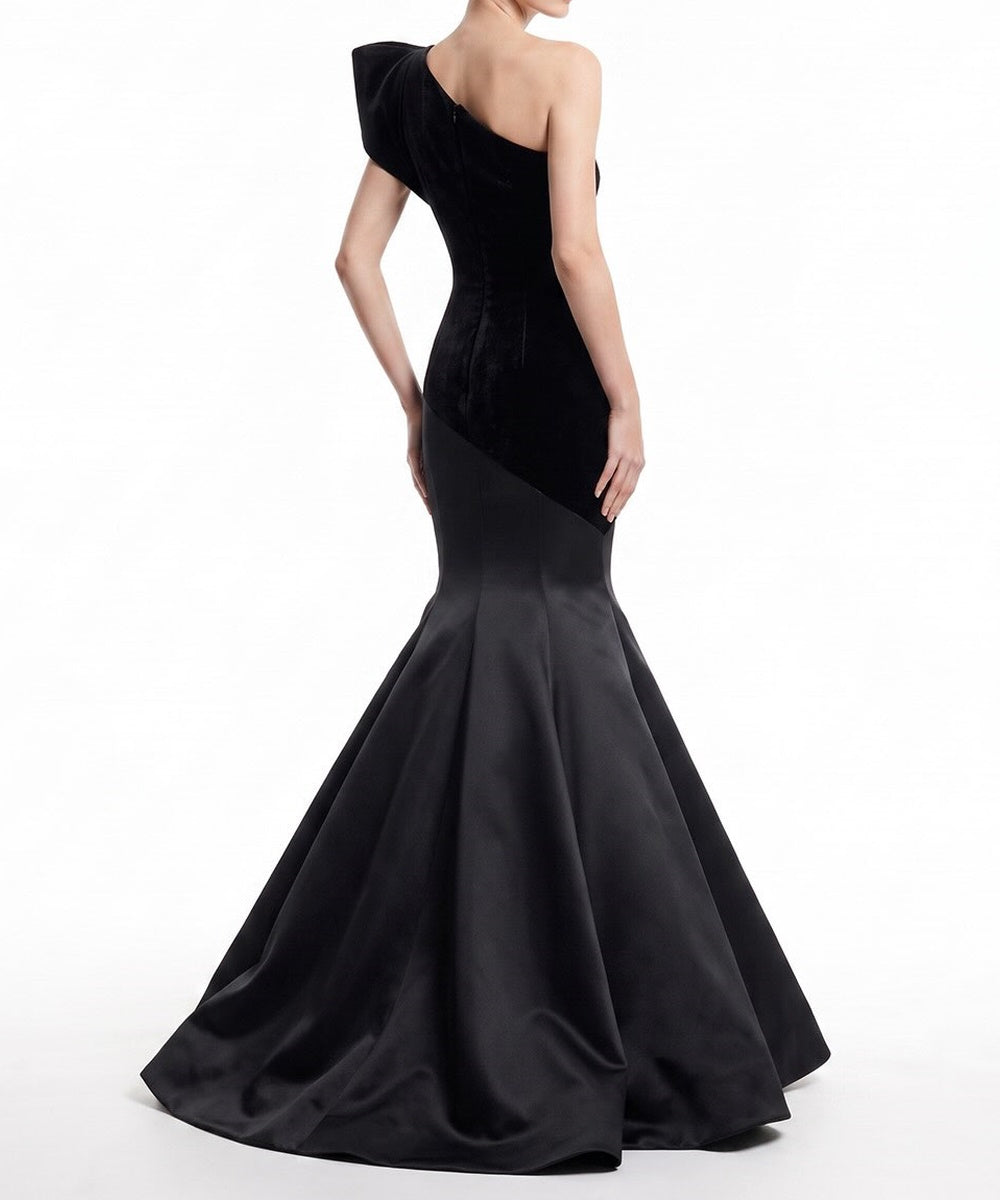 Black One Shoulder Velvet Satin Mermaid Evening Gown