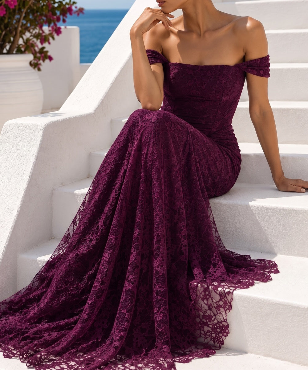 Plum Off Shoulder Ruched Lace Mermaid Formal Evening Gown