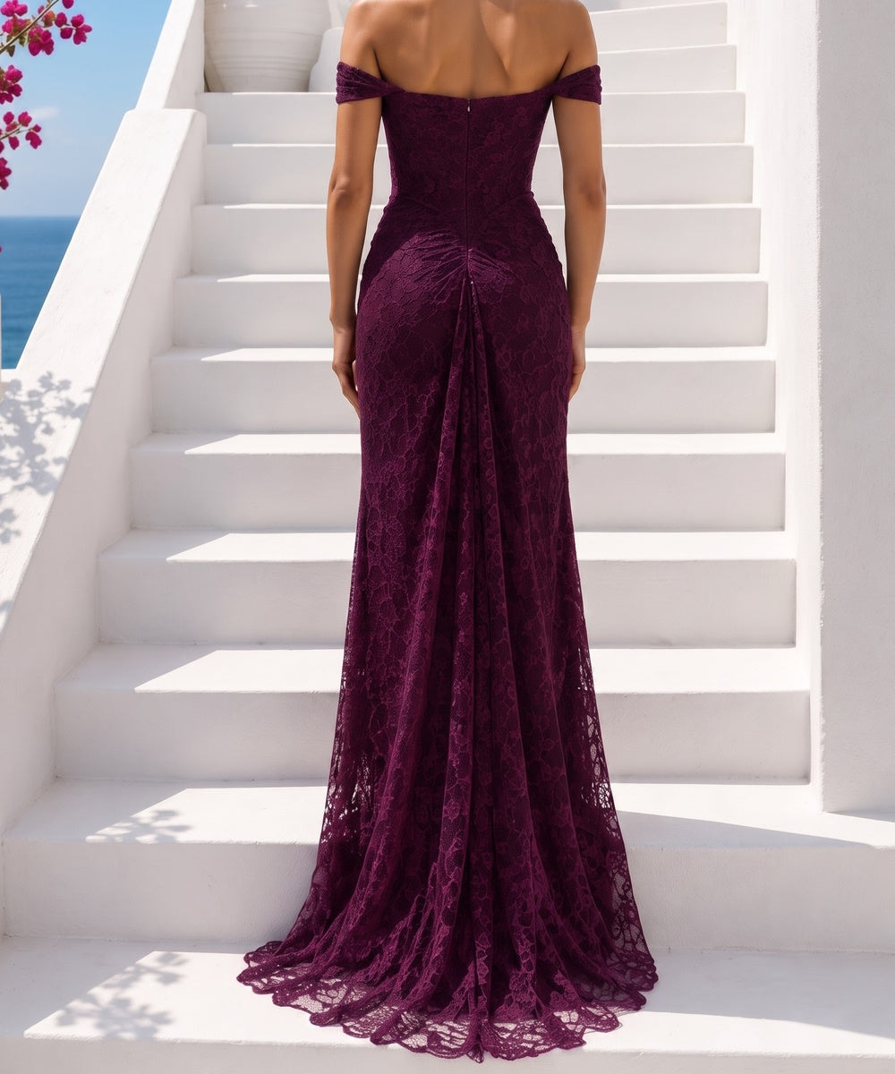 Plum Off Shoulder Ruched Lace Mermaid Formal Evening Gown