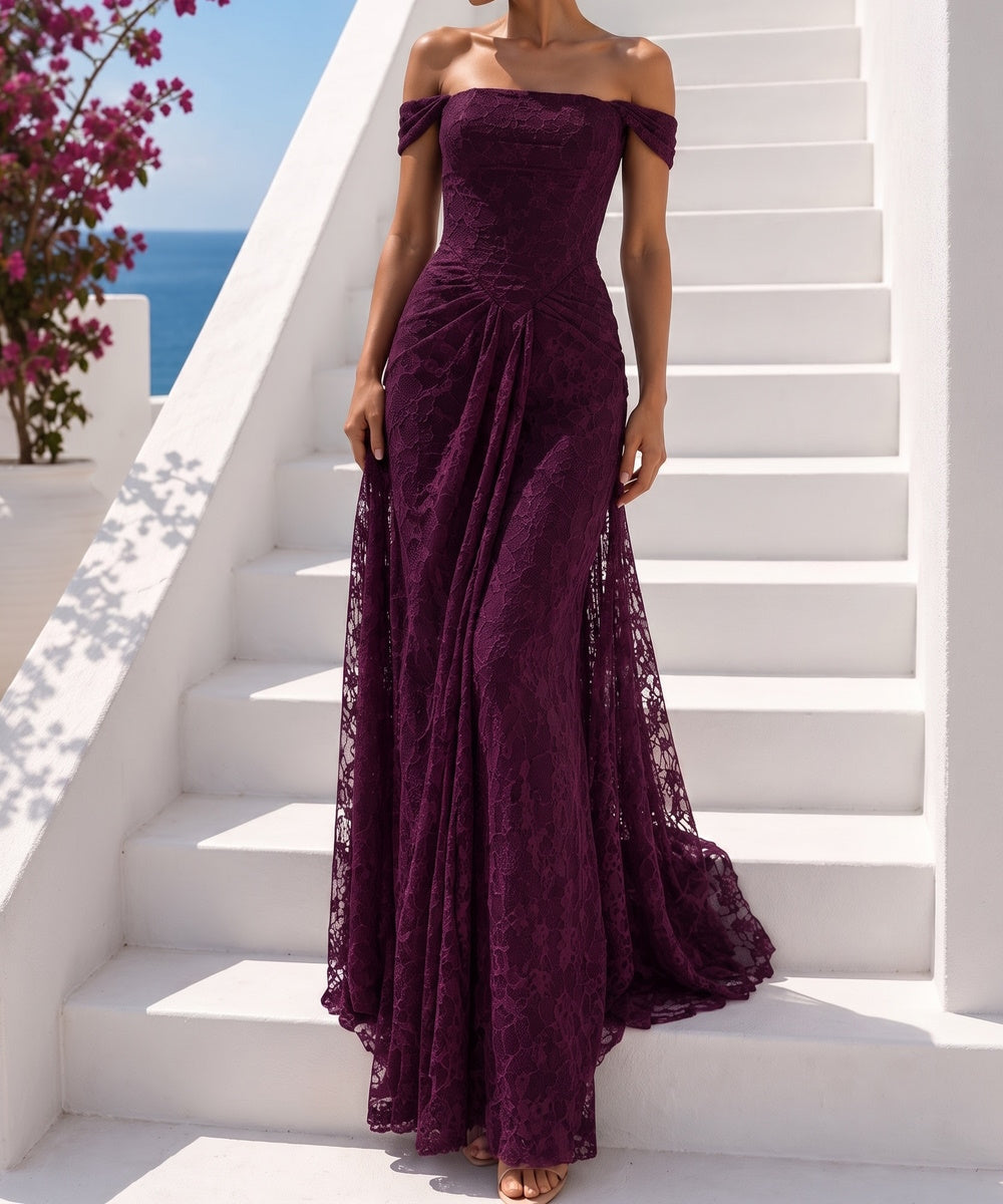 Plum Off Shoulder Ruched Lace Mermaid Formal Evening Gown