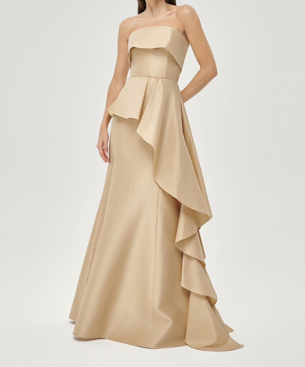 Champagne Strapless Asymmetric Cascading Ruffle Taffeta Mermaid Evening Gown