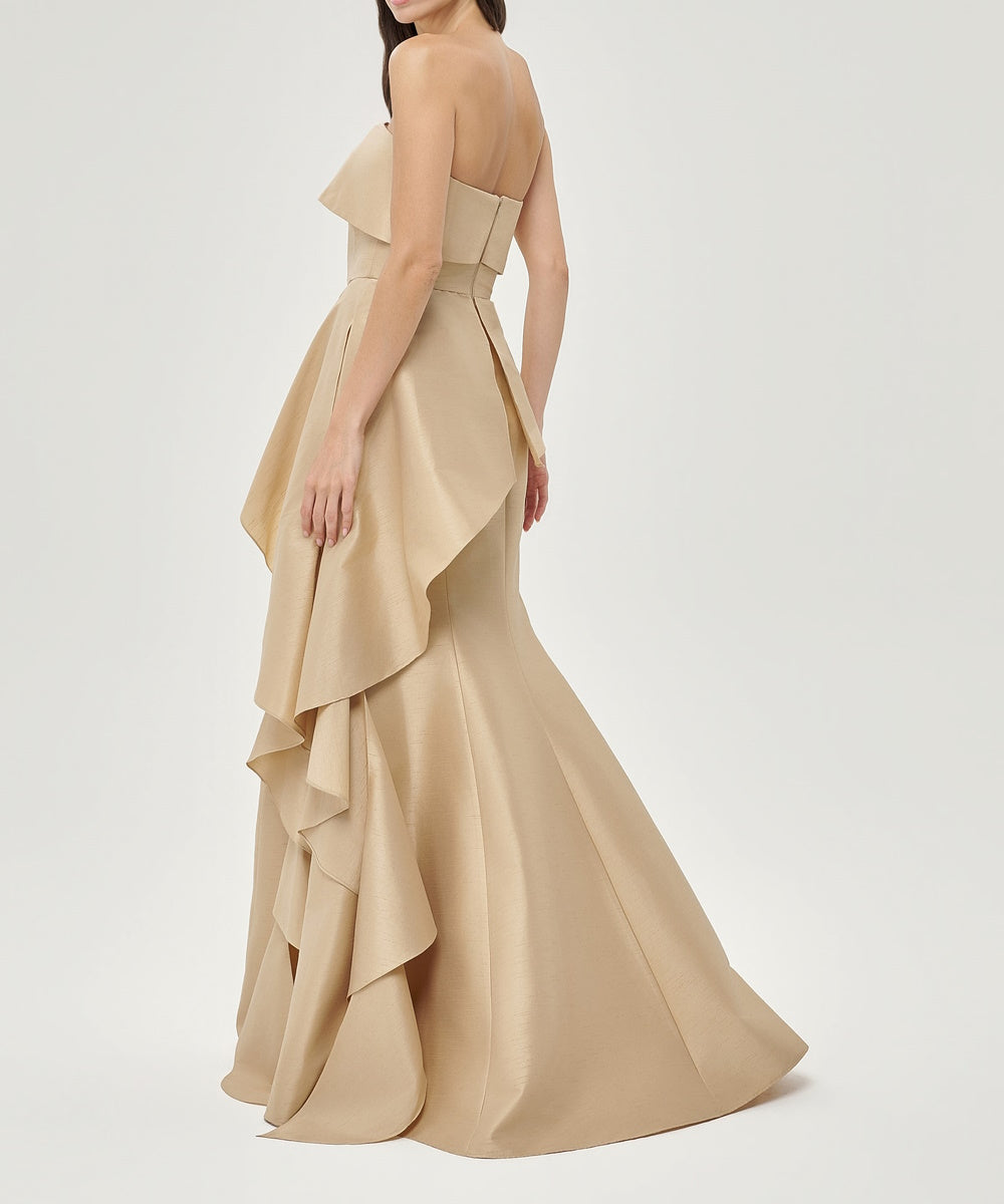 Champagne Strapless Asymmetric Cascading Ruffle Taffeta Mermaid Evening Gown