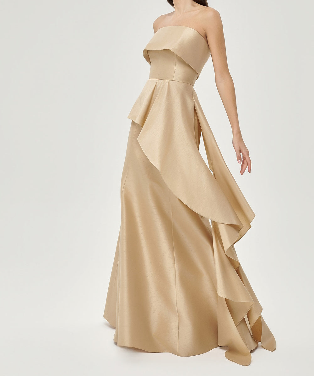 Champagne Strapless Asymmetric Cascading Ruffle Taffeta Mermaid Evening Gown