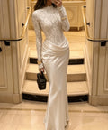 Long Sleeve Floral Lace Bodice Satin Mermaid Formal Maxi Dress