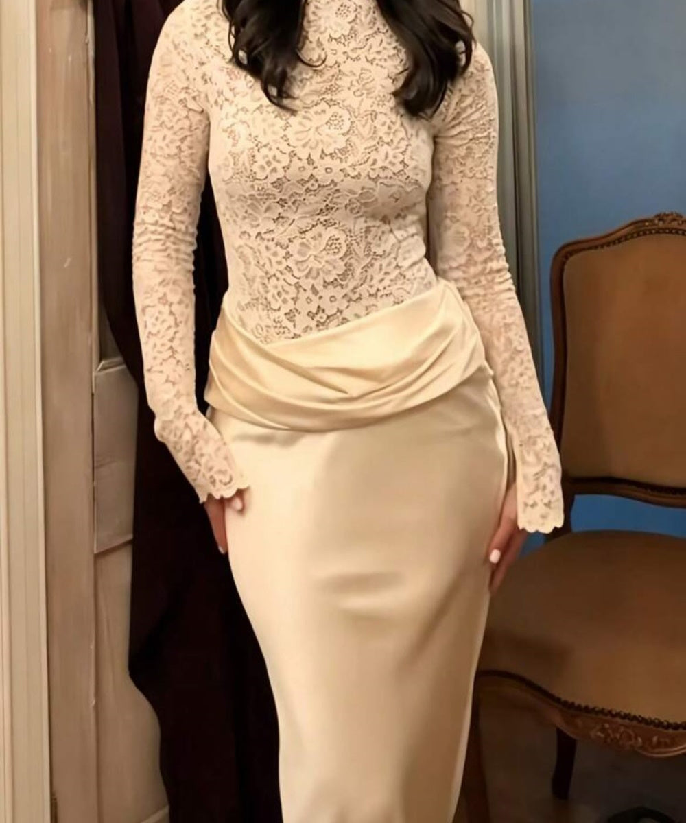 Long Sleeve Floral Lace Bodice Satin Mermaid Formal Maxi Dress