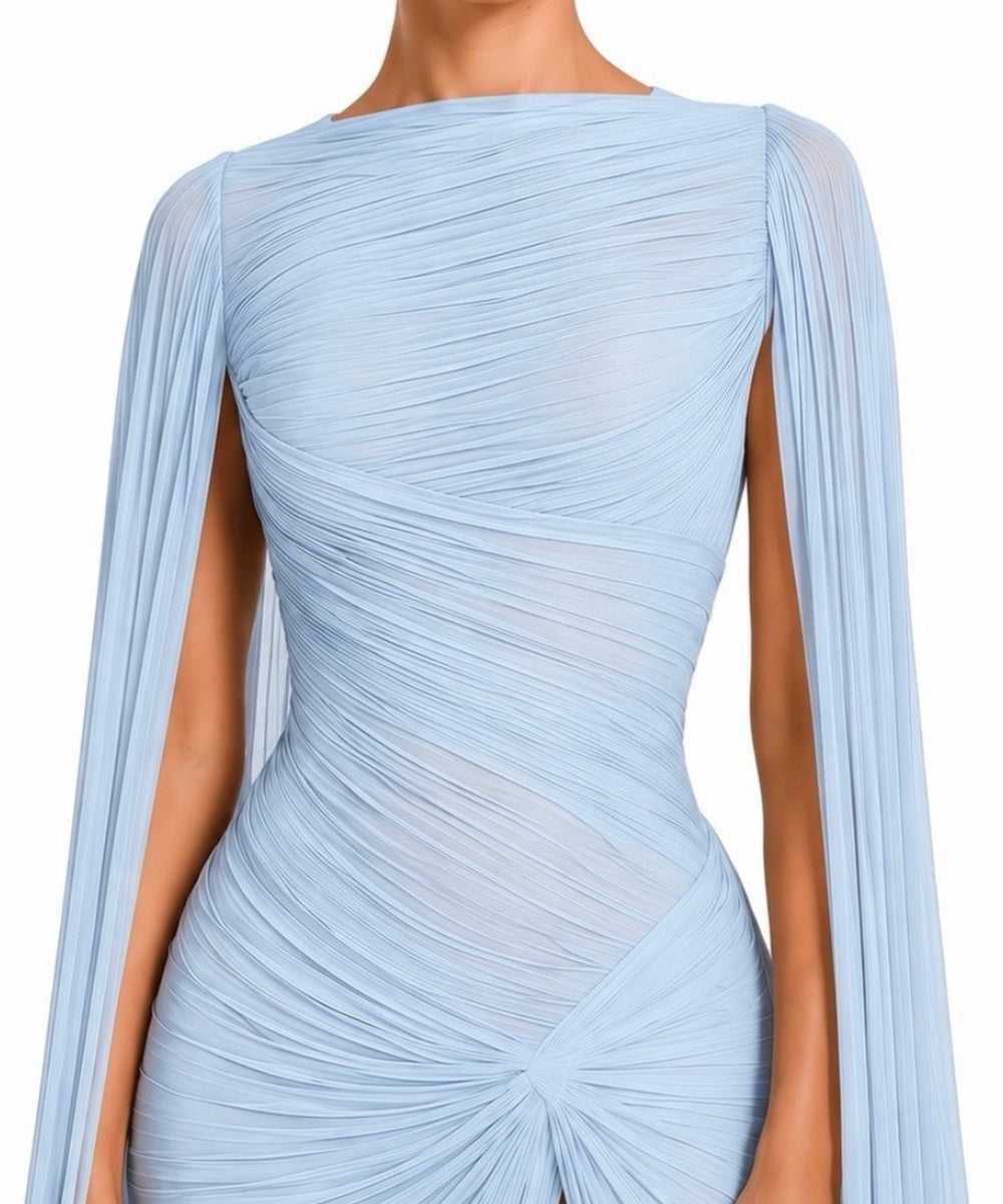 Light Blue Pleated Chiffon Cape Sleeve Twisted Waist High Slit Mermaid Evening Gown