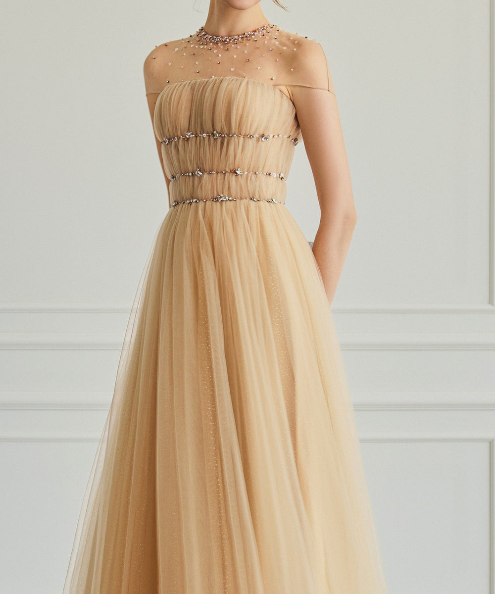 Champagne Illusion Neck Beaded Tulle A-Line Midi Evening Dress