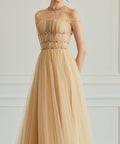 Champagne Illusion Neck Beaded Tulle A-Line Midi Evening Dress