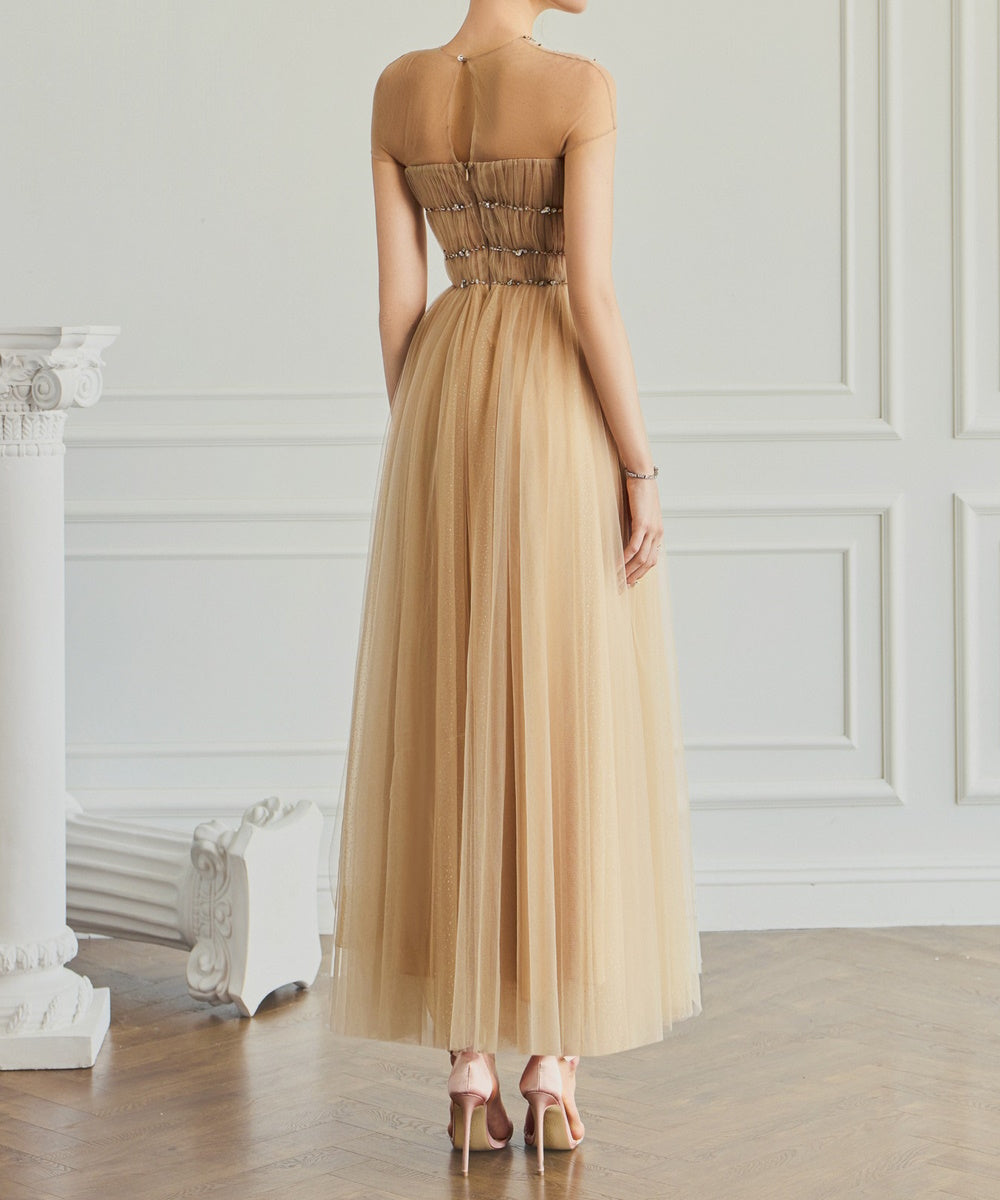 Champagne Illusion Neck Beaded Tulle A-Line Midi Evening Dress