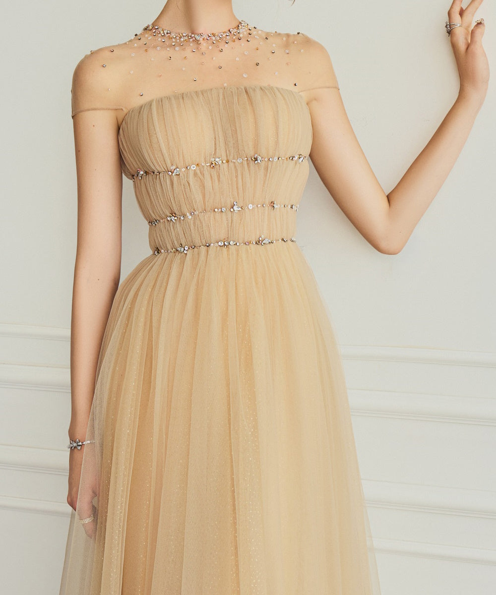 Champagne Illusion Neck Beaded Tulle A-Line Midi Evening Dress