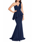 Navy One Shoulder Asymmetrical Peplum Mermaid Evening Gown