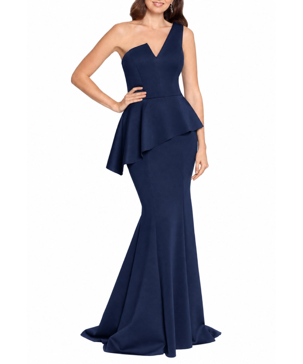 Navy One Shoulder Asymmetrical Peplum Mermaid Evening Gown