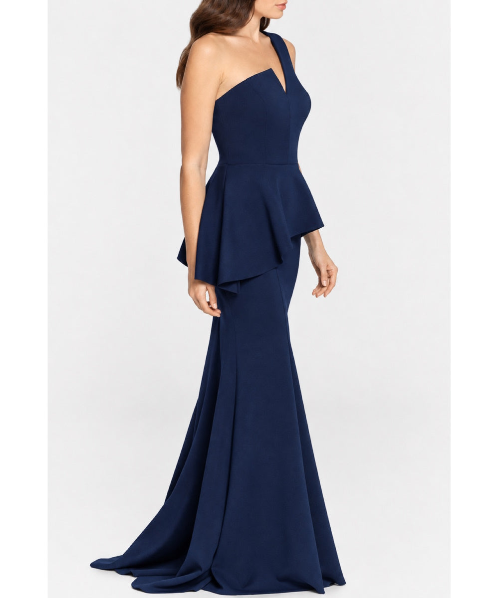 Navy One Shoulder Asymmetrical Peplum Mermaid Evening Gown